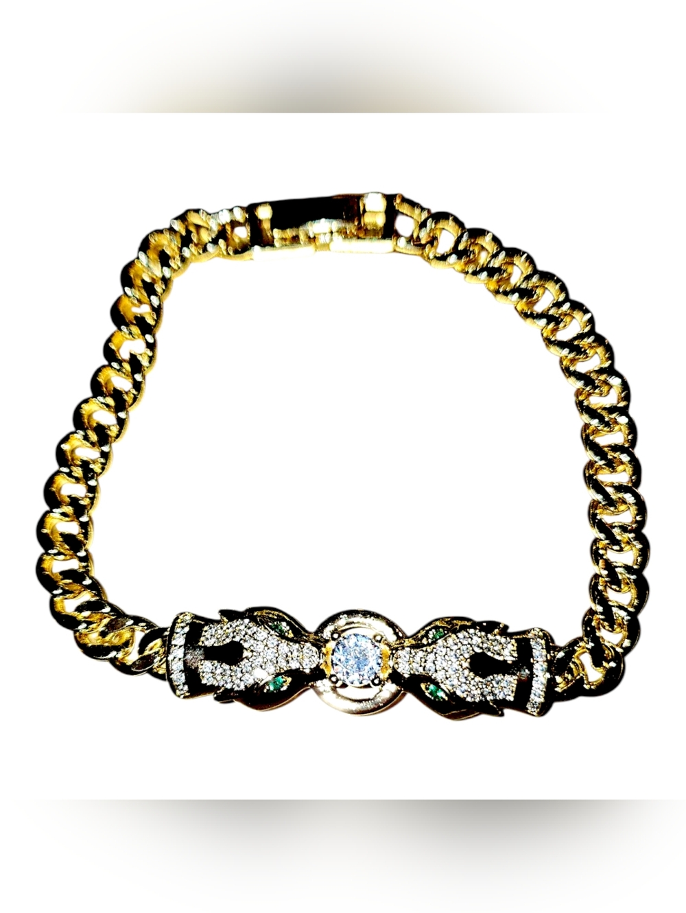 Gold-Tone Pave Panther Link Bracelet with Center Crystal NWOT